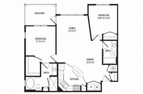 2 bed 2 bath Telfair Floor Plan at Two Addison Place Apartments , Pooler